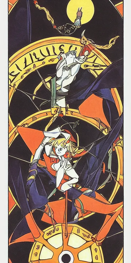 Prompt: Wheel of Fortune tarot card by a famous anime artist. clean, sharp lines,
