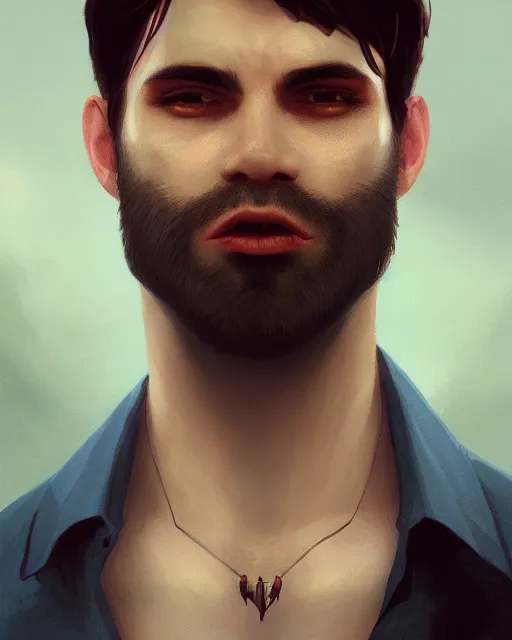 Prompt: 3 / 4 portrait, male vampire, brown skin, night, long dark red hair, dark blue shirt, beautiful, modern, bloodied mouth, jewelry, william bouguereau, rossdraws, greg rutkowski, super detailed, realistic, octane render, volumetric, cinematic, 8 k