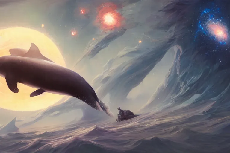 Image similar to a giant whale floating in outer - space, galaxies, stars, planets, star dust, ultra detailed, realistic, octane render, jesper ejsing, james jean, justin gerard, tomasz alen kopera, cgsociety, fenghua zhong, makoto shinkai, highly detailed, rim light, art, cinematic lighting, very coherent, 8 k