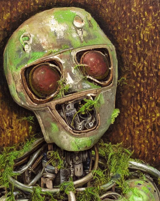 Image similar to detailed oil painting of a decayed, rusty, humanoid robot, covered in moss