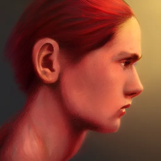 Image similar to portrait of a thin young man with long red hair, ponytail, a lot of freckles on his face, an earring, intricate, elegant, glowing lights, highly detailed, digital painting, artstation, concept art, smooth, sharp focus, illustration