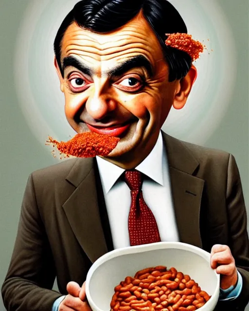 Image similar to portrait of mr bean smiling in a bowl full of baked beans, face covered in beans and tomato sauce, rowan atkinson, mr bean face, oil painting, highly detailed