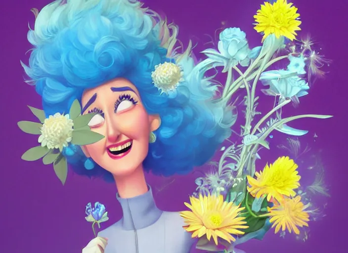 Image similar to pixar cartoon character of bea arthur being happy with her flowers. style by petros afshar, christopher balaskas, goro fujita, and rolf armstrong.