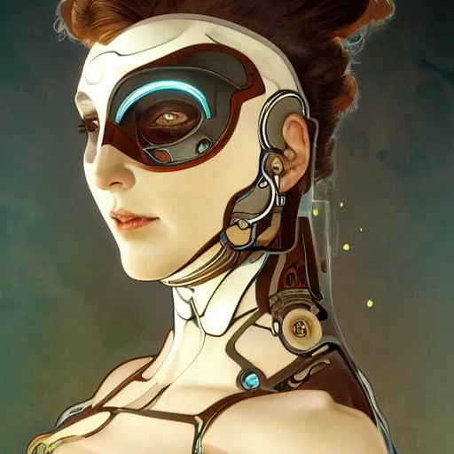 Prompt: A close-up portrait of a beautiful female cyborg wearing a cracked porcelain mask by Alphonse Mucha, exposed inner structure, glowing eyes, art nouveau card, wlop, trending on artstation