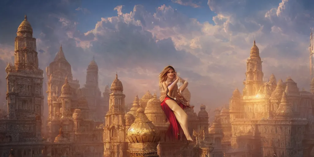 Image similar to GUERLAIN Shalimar, Starring Natalia Vodianova indian princess, parfum, La légende de Shalimar, palace, matte painting by feng zhu & Andreas Rocha, god rays, concept art, deviantArt, artsation, artstation HQ, HD, 4k resolution, octane, finalRender, wallpaper, Unreal Engine