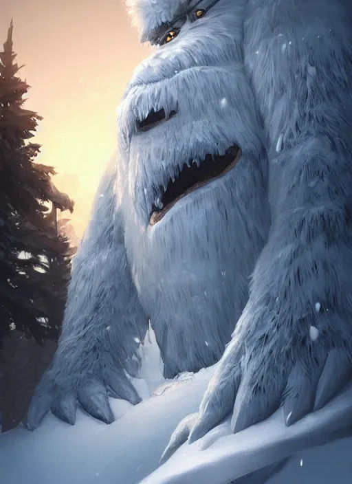 Image similar to giant yeti monster towering over snow covered trees, highly detailed, digital painting, artstation, concept art, matte, sharp focus, illustration, dramatic, cinematic sunset, hearthstone, art by artgerm and greg rutkowski and alphonse mucha