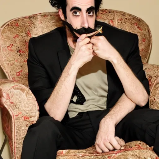 Image similar to Sacha Baron Cohen as borat smoking a giant rolled cannabis cigarette, 8k, hyper-detailed, smoke