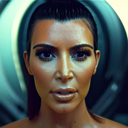 Image similar to film still of kim kardashian in the movie Alien, alien spider mounted to her face as she tries to resist, spider webbed body, scary cinematic shot, 4k.