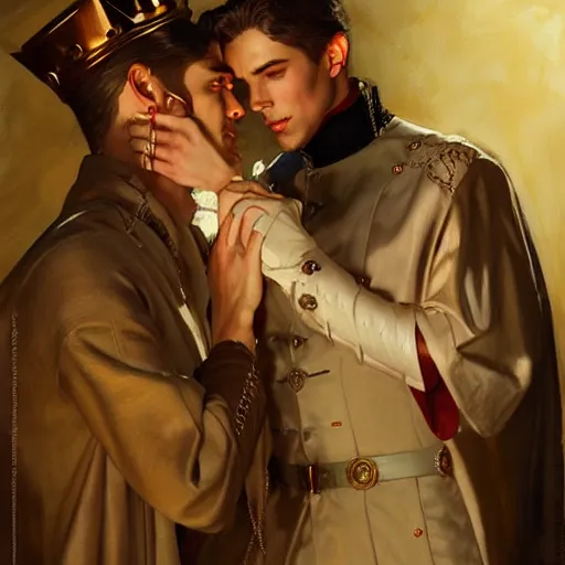 Image similar to attractive fully clothed king confesses his love for his attractive fully clothed male prince. highly detailed painting by j. c. leyendecker, craig mullins, tom bagshaw,