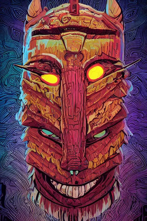 Image similar to totem animal tribal chaman vodoo mask feather gemstone plant wood rock video game illustration vivid color borderlands by josan gonzales and dan mumford radiating a glowing aura