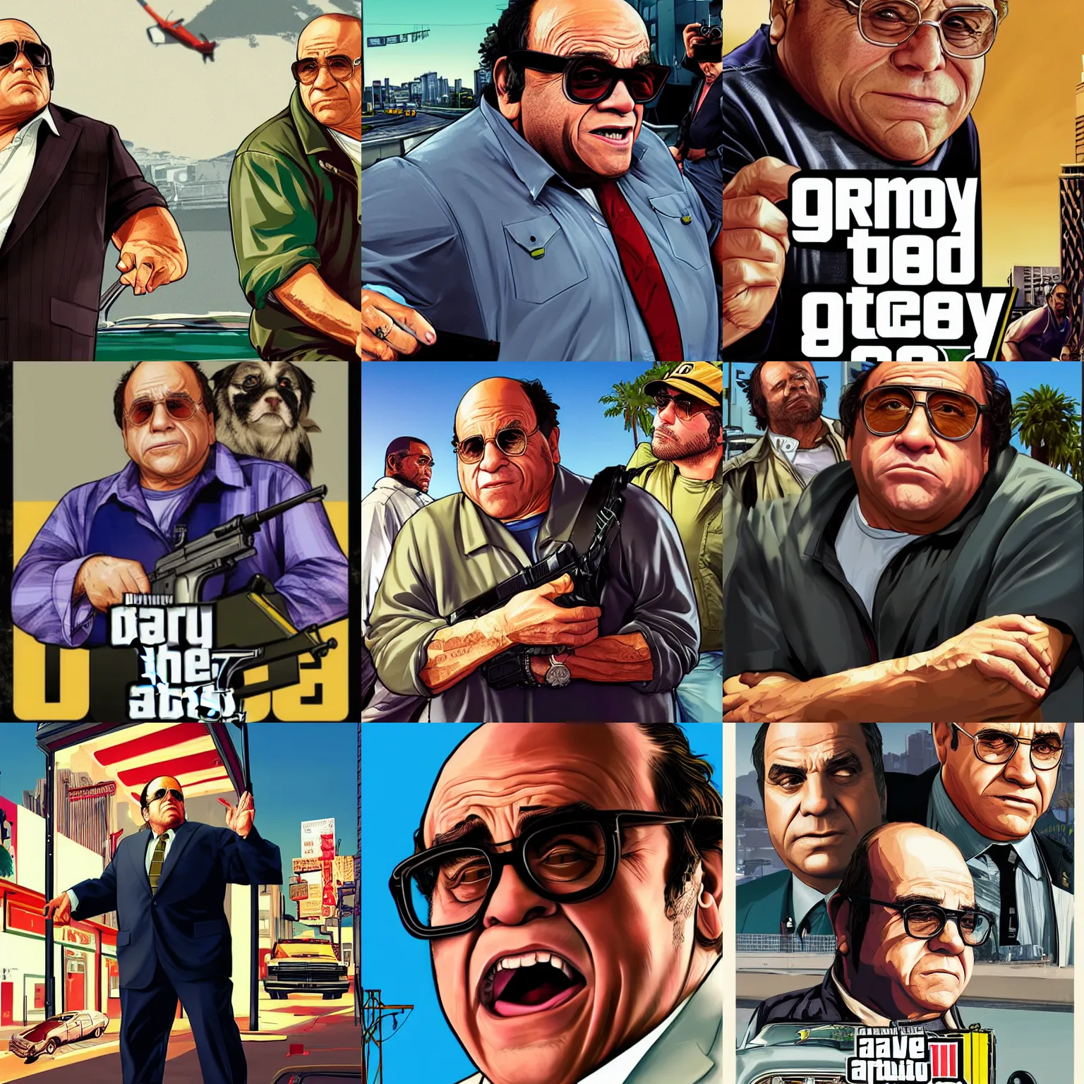 Prompt: danny devito in gta v promotional art by stephen bliss, no text, very detailed, high quality, dramatic lighting, great likeness