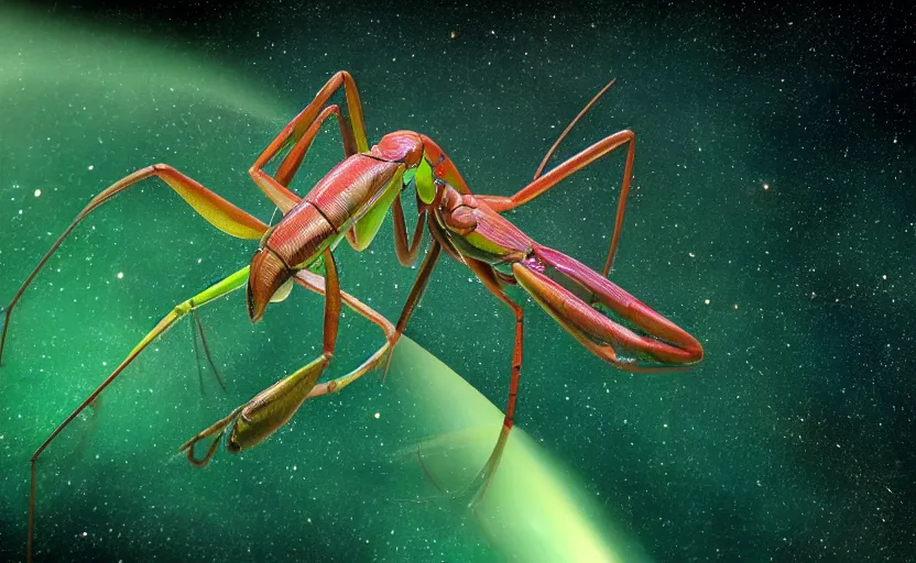 Prompt: inter dimensional sci - fi praying mantis far future, travelling across the stars, cosmos, galaxy, 8 k