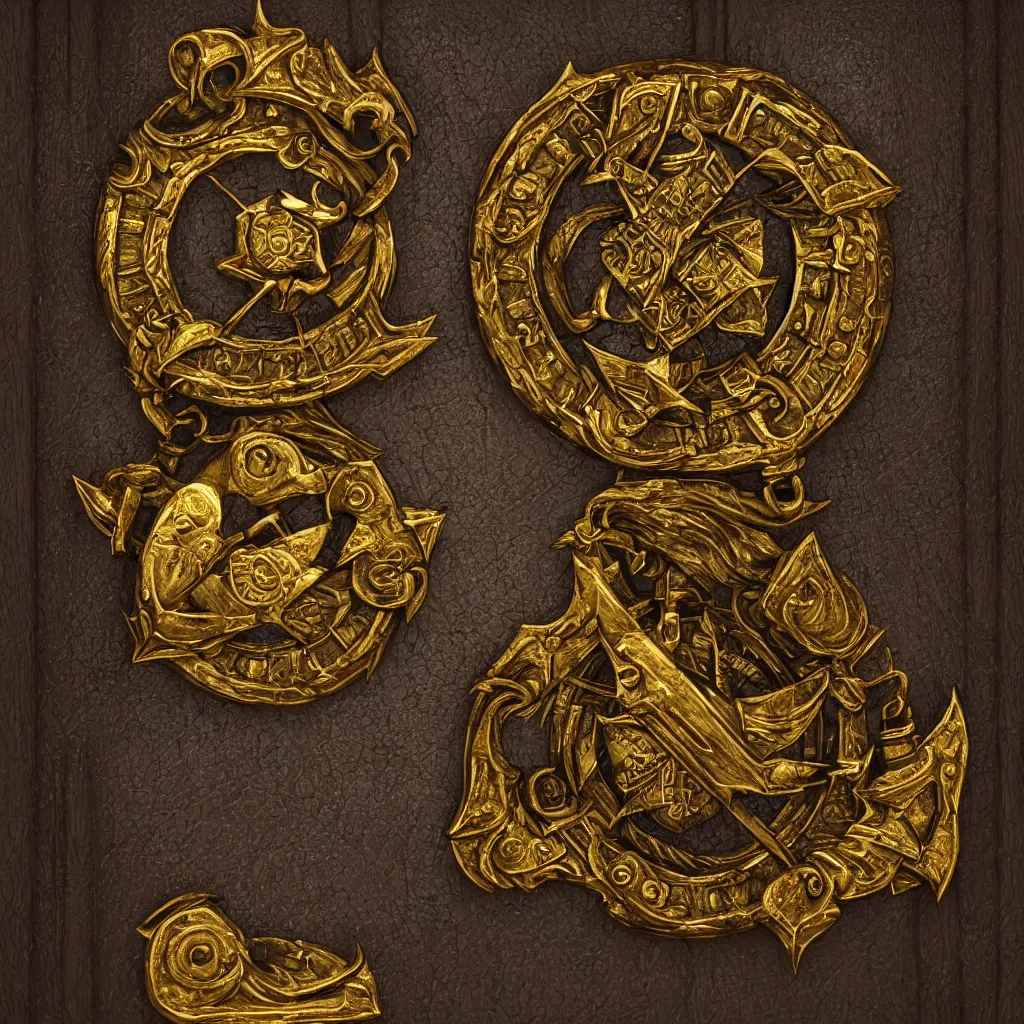 Image similar to symbol of a thieves guild on a secret door, embossed in gold, realistic, trending on artstation, unreal engine