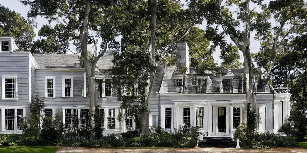 Image similar to grey brick wooden cape cod with pine trees and tile white black mansion by mcalpine house, by jackson & leroy architects