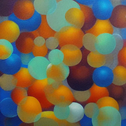 Prompt: white bubbles inside an orange, yellow, blue, abstract emulsion, oil on canvas