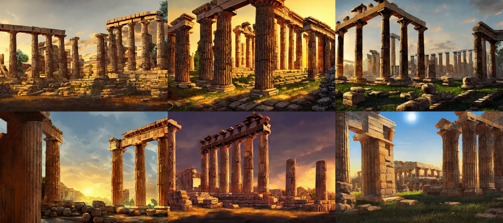 Prompt: ancient greek ruins, digital painting, artstation, golden hour