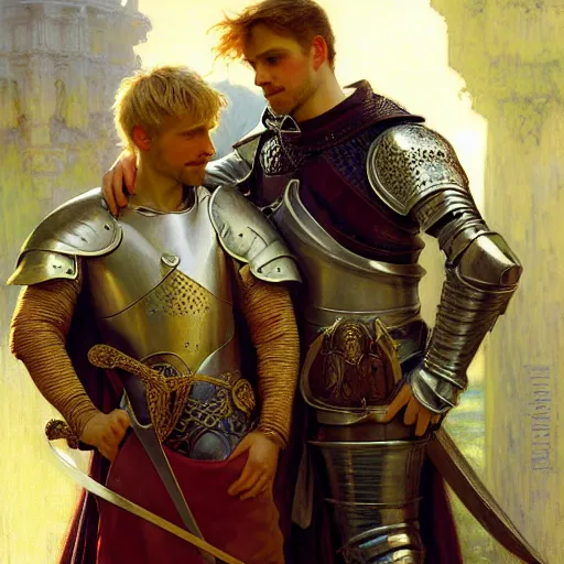 Image similar to attractive arthur pendragon and his attractive male knight, they are in love, natural lighting, path traced, highly detailed, high quality, digital painting, by gaston bussiere, craig mullins, alphonse mucha j. c. leyendecker