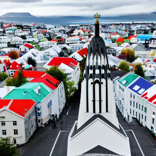 Image similar to standing at the top of hallgrimskirkja, looking out over reykjavik, colorful rooftops and city roads below, mountains in the distance