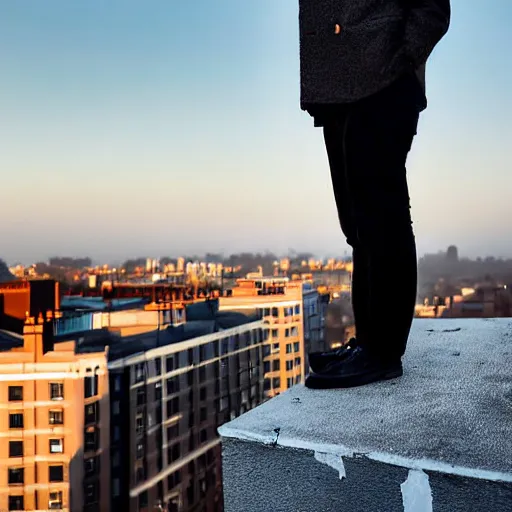 Prompt: un ultra high definition studio quality photograph portrait of a pale young man with black hair standing on the rooftop of an apartment building in cardiff wearing eclectic clothes looking away from the camera. wide angle. morning. art directed. clear. fog. three point light. extremely detailed. golden hour, golden ratio, ray tracing, volumetric light, shallow depth of field.