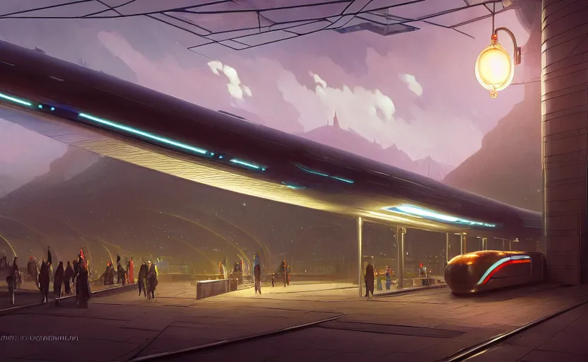 Prompt: exterior shot of utopian train station with cinematic lighting by zaha hadid and renzo piano, darek zabrocki and greg ruthkowski, alphonse mucha, simon stalenhag, cinematic, holy place, paradise, scifi, futurism, atmospheric, dusk, concept art, artstation, trending on artstation