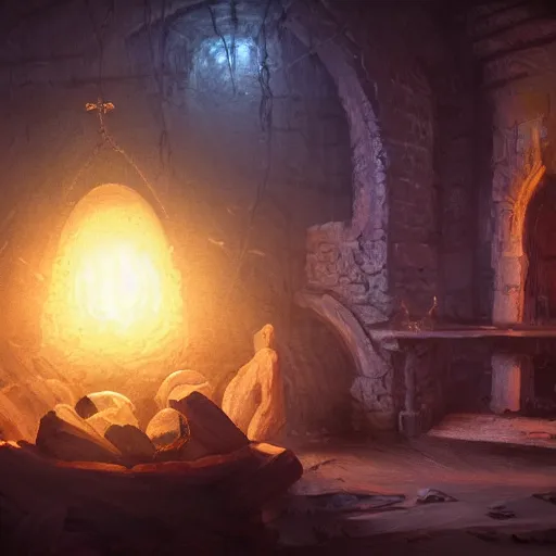 Image similar to holy egg on a pedistal in a dark dungeon. epic lighting, concept art, 8 k, paid artwork, intricate