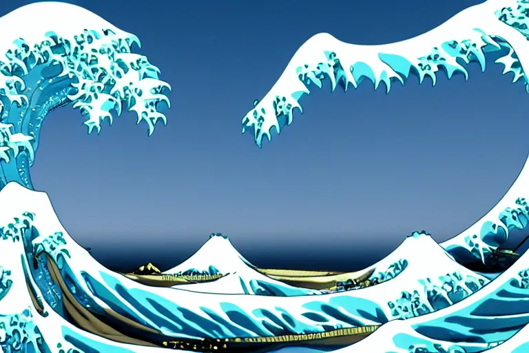 Prompt: A 3D render of fluffy vanilla ice cream shaped like the great wave off kanagawa, 4K, unreal engine, 3d render