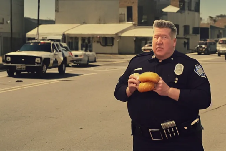 Image similar to a fat pig in an American cop uniform eating donuts, by David Lynch, cinematic, 8k
