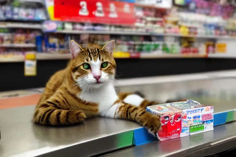 Image similar to cat on the counter in 7 - eleven next to a pack of cigarettes wide angle lens