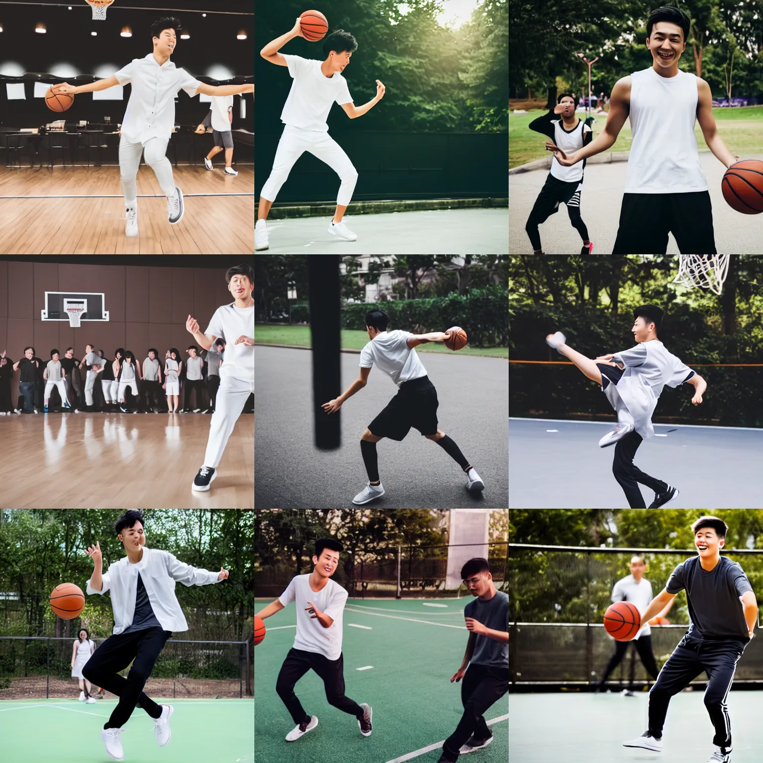 Prompt: young asian man in white straps with gray back pants and black shirt playing basketball while dancing