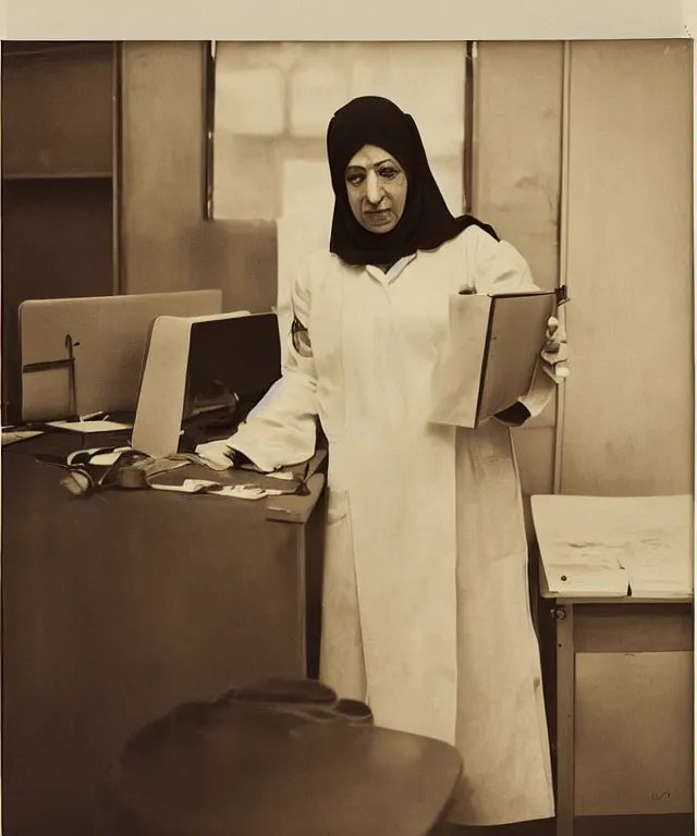 Image similar to a color photograph of the nurse marzieh zakeri in her workplace, by thomas ruff, out of place, intense, bold, hyperrealistic, ultra sharp, extra details, ultra high quality, trending on pinteresst