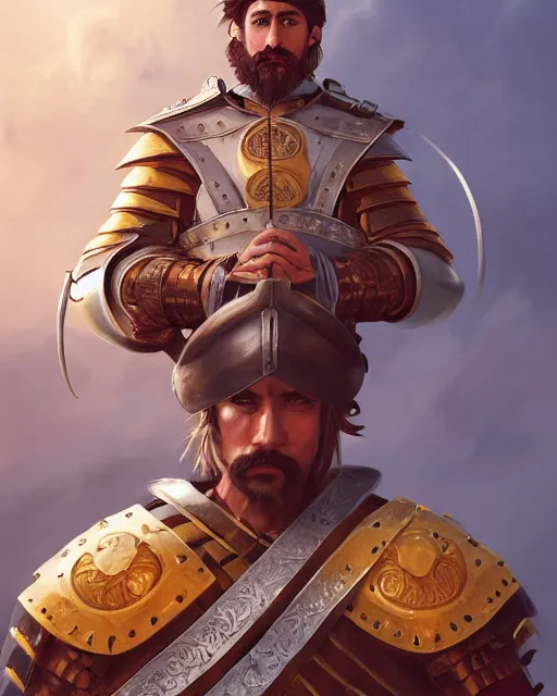 Image similar to ultrarealistic illustration of a spanish conquistador, symmetrical, by daniel zrom and mingchen shen, studio ghibli color scheme, detailed, handsome, anatomy, sharp focus, photography, magic : the gathering, octane, cinematic lighting