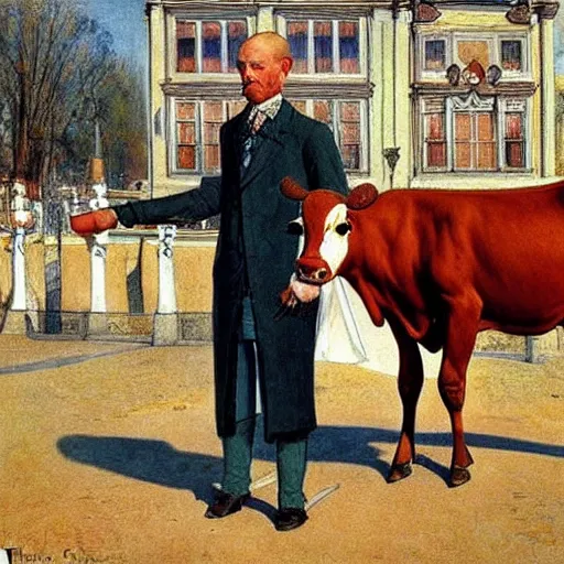 Prompt: painting carl larsson, cow, dressed, anthropomorphic!!, wearing!!! clothes!!!, standing next to royal castle!!!