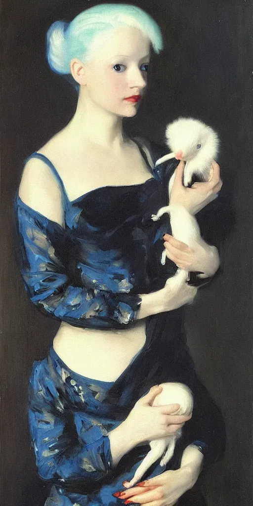 Image similar to “ a portrait of a blue haired girl holding an albino rat, very detailed, oil painting, madame x, dark background, by of john singer sargent ”