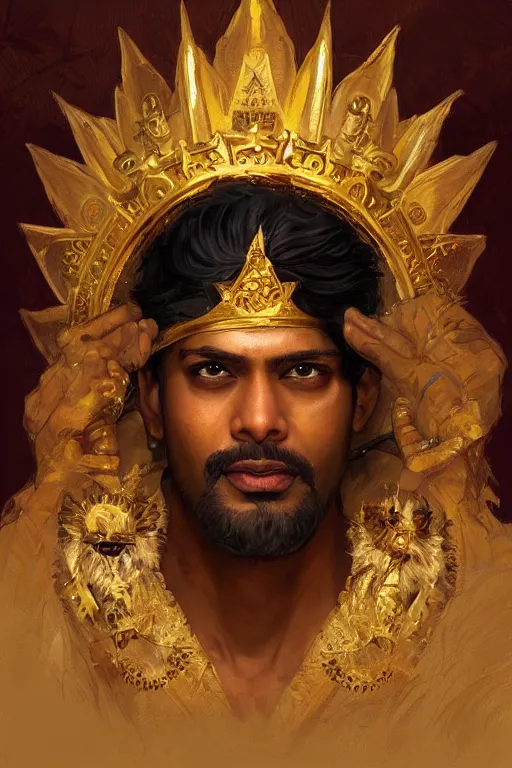 Image similar to Sanjiv Das wearing a golden crown, dungeons and dragons portrait, highly detailed, digital painting, artstation, concept art, sharp focus, illustration, art by artgerm and greg rutkowski and alphonse mucha