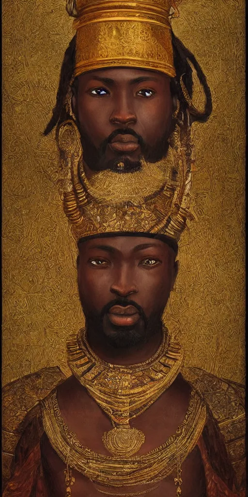 Image similar to a stunning and noble highly detailed romantic period style portrait of Mansa Musa by Josep Tapiró Baró, trending on artstation, oil painting masterpiece, symmetry, African iconography