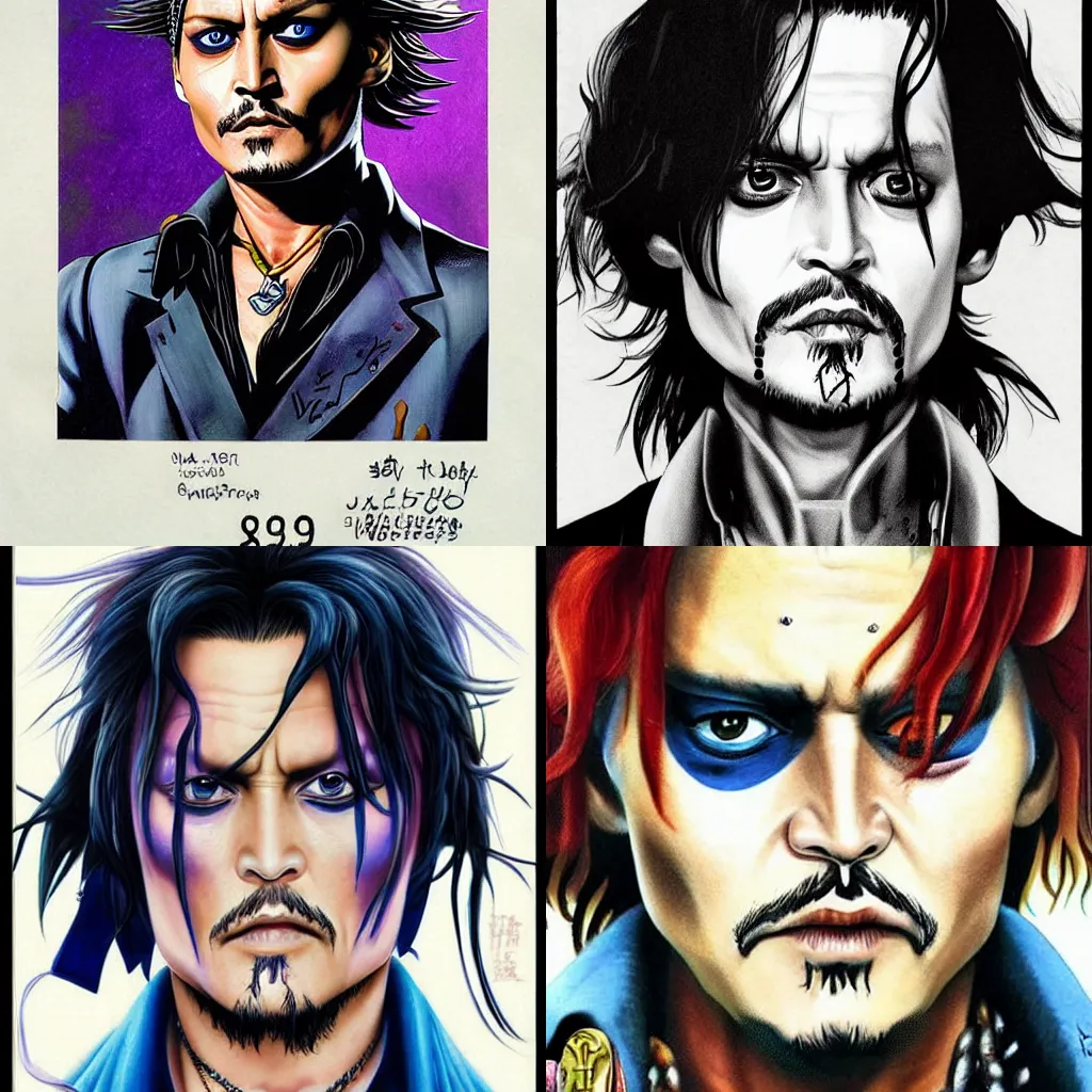 Prompt: Johnny Depp, in JoJo\'s Bizarre Adventure, highly detailed mugshot illustration by Takehito Harada and Leiko Ikemura