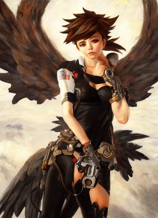 Image similar to oil painting of tracer overwatch in the style of sophie anderson, on knees, angel wings, black outfit, dramatic painting, wearing black choker,