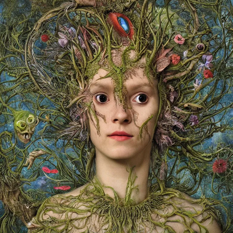 Image similar to a fish eye lense photograph of a grinning alien dryad with goat pupils transforming herself into a beast. her skin is covered in scales and feathers. flowers surround her body. painted by jan van eyck, max ernst and ernst haeckel, trending on artstation, 8 k, award winning, hard lighting, photorealistic painting