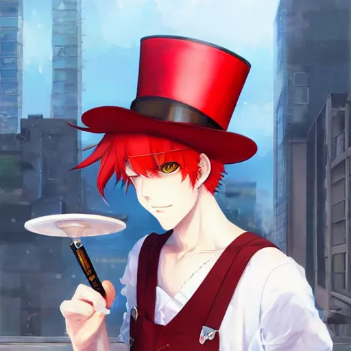 Prompt: red haired top hat wearing anime man smoking on rooftop, perfect face, wearing overalls, portrait made by Stanley Artgerm, WLOP, Rossdraws, James Jean Andrei Riabovitchev, Marc Simonetti, Yoshitaka Amano, Artstation