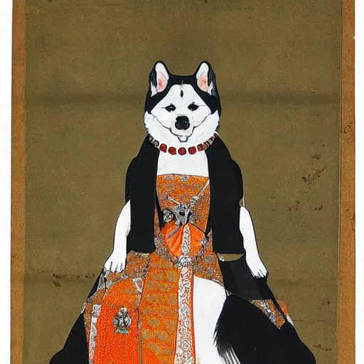 Image similar to akita inu dog dressed as a queen in a dress with orange slices pattern, medieval painting