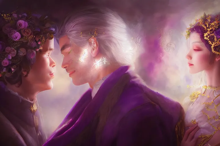 Image similar to a dreamlike cinematic portrait of wedding photograph close up moment of a divine a russia sun god and moon goddess lovers magician at a wedding banquet. portraiture. digital painting. artstation. concept art. fantasy wedding photo. digital painting, 8 k realistic, hyper detailed, violet evergarden art masterpiece by art by krenz cushart