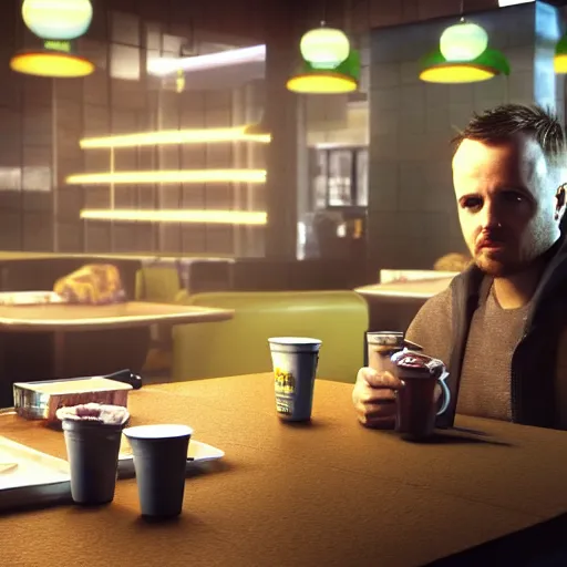 Image similar to Jesse Pinkman from Breaking Bad eating at McDonald's, photorealism, cinematic lighting,