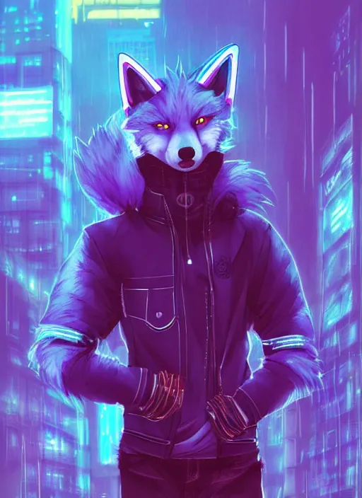 Image similar to beautiful portrait commission of a male furry anthro blue husky fox fursona wearing cyberpunk skater clothes. Cyberpunk city at night in the rain. Neon light. Atmospheric. Character design by charlie bowater, ross tran, artgerm, and makoto shinkai, detailed, inked, western comic book art