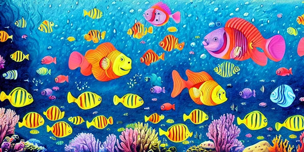 Prompt: a beautiful painting of an elaborate underwater scene painted by bosch and lisa frank