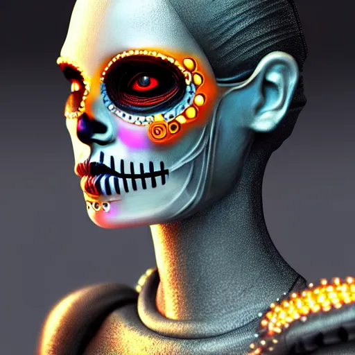 Image similar to ultra detailed, portrait of Female Android, dia de los muertos, scifi, cyberpunk, fantasy, intricate details, eerie, movie still, airbrush, matte painting, professional digital painting, artstation, concept art, smooth, sharp focus, no blur, no dof, extreme illustration, Unreal Engine 5, Photorealism, HD quality, 8k resolution, cinema 4d, 3D, beautiful, cinematic, art by artgerm and Godmachine and michael welan and DZO and greg rutkowski and alphonse mucha and loish and WLOP