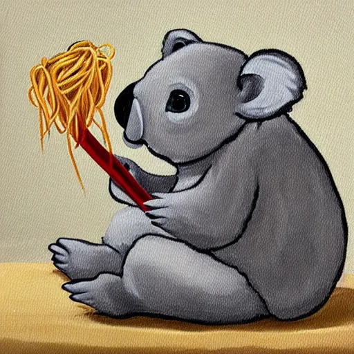 Image similar to a painting of a koala eating spaghetti in toon art style