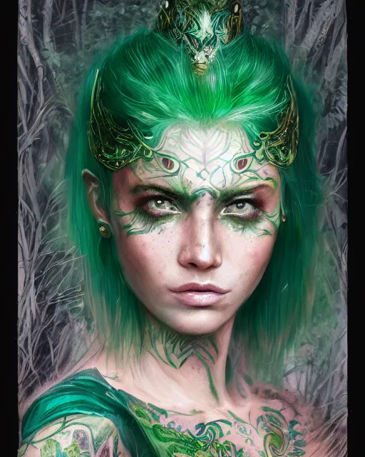 Prompt: a close - up of tattooed beautiful female warrior wearing a magical emerald leotard in a magical forest, hyper realistic face, green eyes, fantasy art, in the style of greg rutkowski, illustration, epic, fantasy, intricate, hyper detailed, artstation, concept art, smooth, sharp focus, vibrant