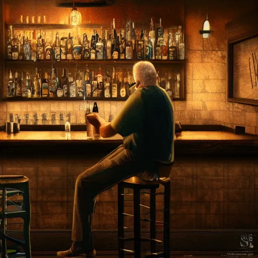 Prompt: old man sitting at bar, pub, smoky lighting, dim, barstool, person drinking, side sketch, artstation award, highly detailed, ultra - realistic, moody atmosphere, color palette