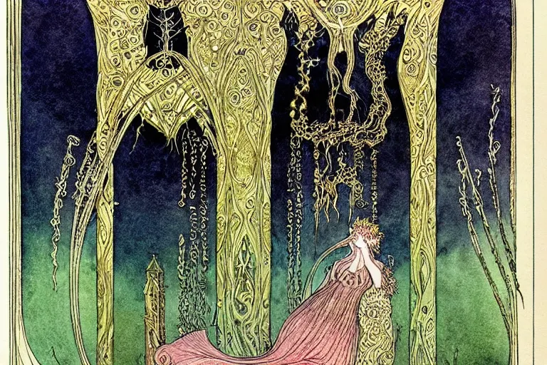 Prompt: witch's leather bound grimoire tome with metal latches art by kay nielsen and walter crane, illustration style, watercolor