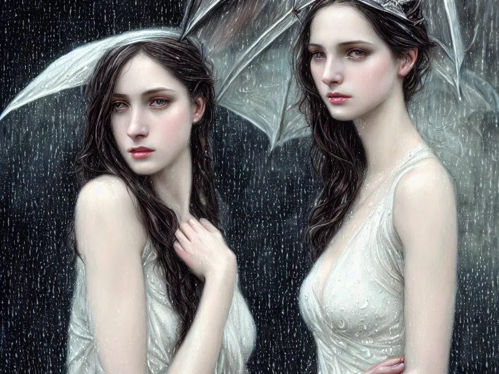 Image similar to highly detailed portrait of a beautiful girl in the rain with wet dark hair and pale skin, ornate elegant white dress, fantasy, intricate, elegant, dramatic lighting, emotionally evoking symbolic metaphor, highly detailed, lifelike, photorealistic, digital painting, artstation, concept art, smooth, sharp focus, illustration, art by John Collier and Albert Aublet and Krenz Cushart and Artem Demura and Alphonse Mucha